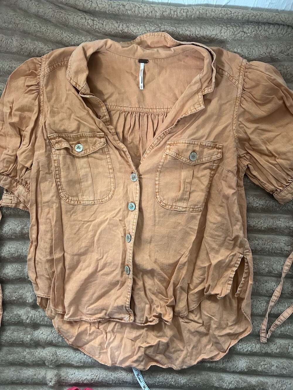 Free People Safari Babe Orange Puff Short Sleeve Button Down Top xs - Picture 2 of 6